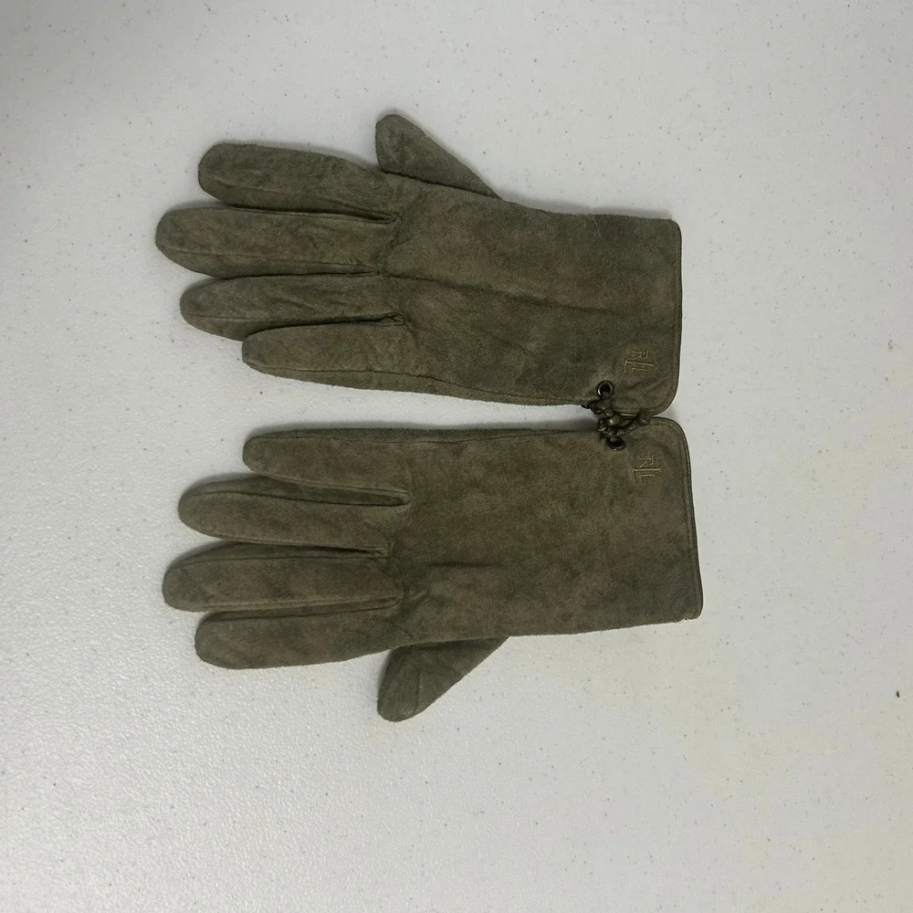 Lauren Ralph Lauren Womens Olive Green Suede Leather Fleece Lined Gloves RL Logo